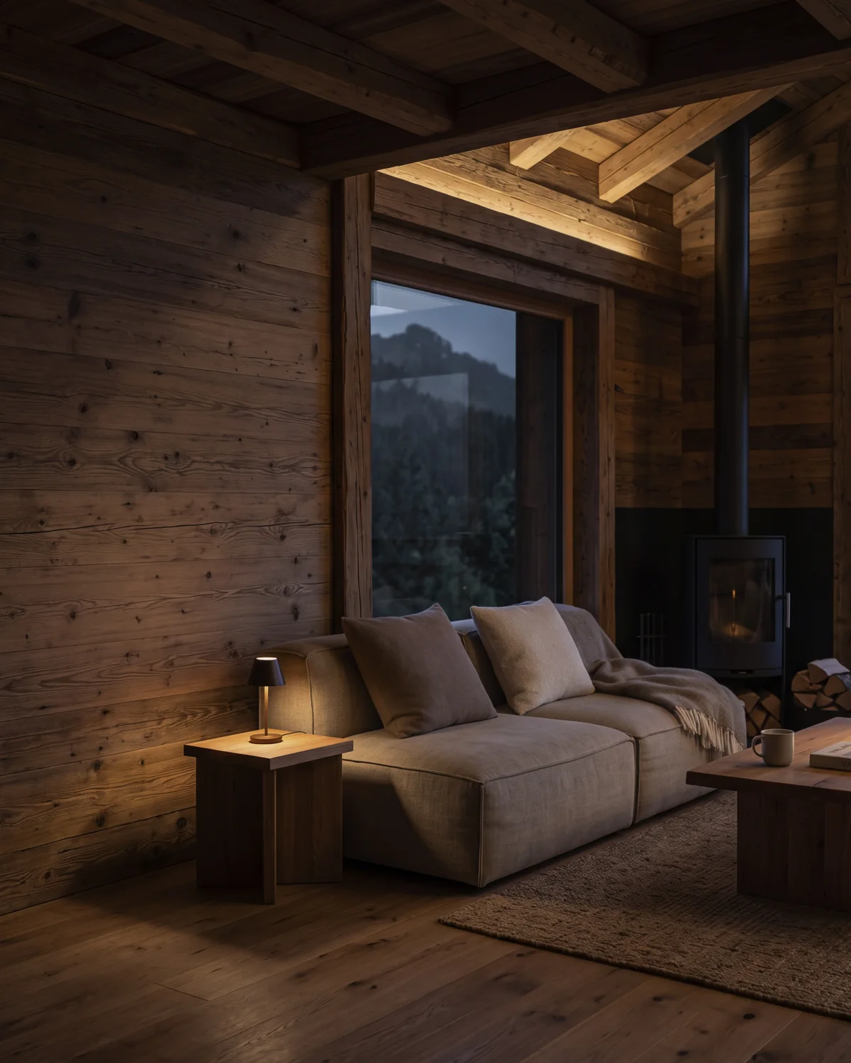 Salon d'un chalet valaisan en vieux bois, à la tombée du jour, ouvert sur les montagnes