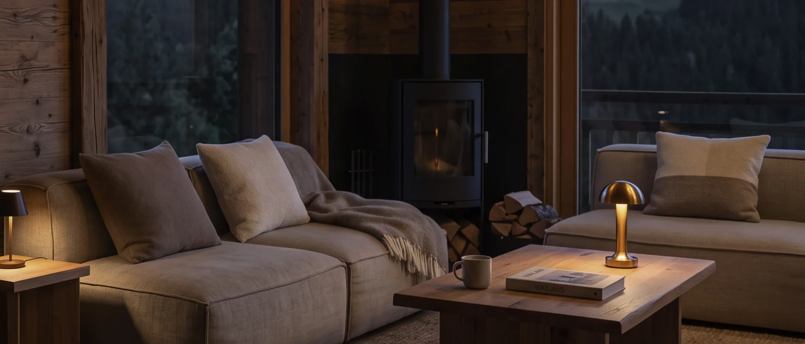 Salon de chalet chaleureux, feu allumé, vue sur les forêts valaisannes